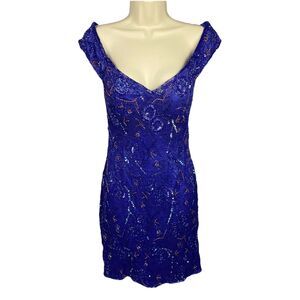 Precious Moments VTG‎ Beaded Cocktail Dress Blue Sequin Off Shoulder Prom Formal